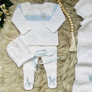 Knitted Clothes for Newborns, Boys Spanish Set, Knit Baby Boy Outfit for Coming Home, Christening, Baptism, and Shower Gift. (Whit/Bl) 7205