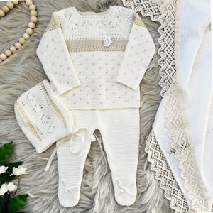 Newborn Baby Knitted Clothes, Newborn Coming Home Outfits, Spanish Baby Knit Set, Christening, Baptism, and Shower Gift. (Beige) 7205