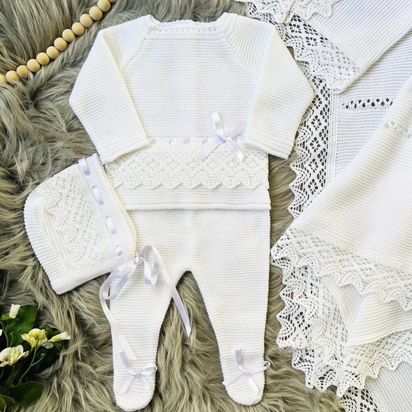 Knitted Clothes for Newborns, Boys/Girls Spanish Set, Knit Baby Outfit for Coming Home, Christening, Baptism, and Shower Gift. (White) 1136