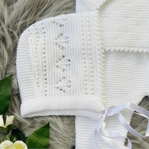 Knitted Clothes for Newborns, Boys/Girls Spanish Set, Knit Baby Outfit for Coming Home, Christening, Baptism, and Shower Gift. White 7205 image 4