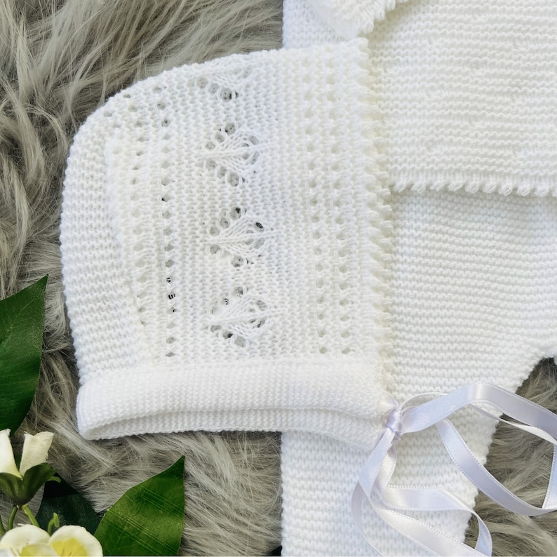 Knitted Clothes for Newborns, Boys/Girls Spanish Set, Knit Baby Outfit for Coming Home, Christening, Baptism, and Shower Gift. White 7205 image 4