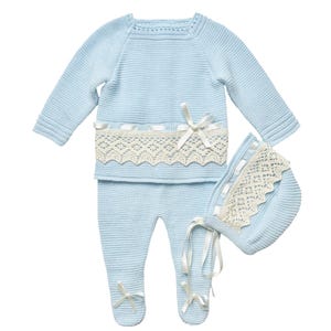 Newborn Baby Knitted Clothes, Newborn Coming Home Outfits, Spanish Baby Knit Set, Christening, Baptism, and Shower Gift. (Blue) 1136