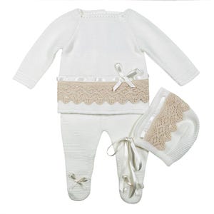 Newborn Baby Knitted Clothes, Coming Home 3 pc Set Outfits, Spanish Baby Knit Set, Christening, Baptism, and Shower Gift. (Beige) 1136