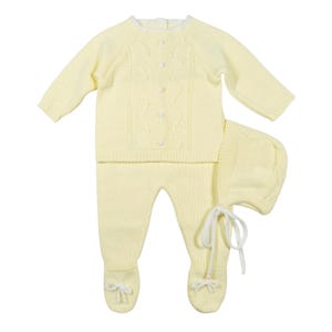 Newborn Baby Knitted Clothes, Newborn Coming Home Outfits, Spanish Baby Knit Set, Christening, Baptism, and Shower Gift. (Yellow) 8344