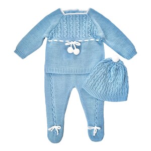 Gebreide babykleding, coming-home-outfit pasgeboren baby, Spaanse gebreide babyset, cadeau voor doop, doop en douche. (Oceaanblauw) 7221