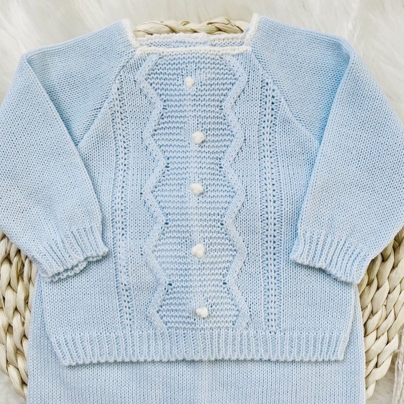 Knitted Clothes for Newborns, Boys Spanish Set, Knit Baby Boy Outfit for Coming Home, Christening, Baptism, and Shower Gift Blue 8344 image 2