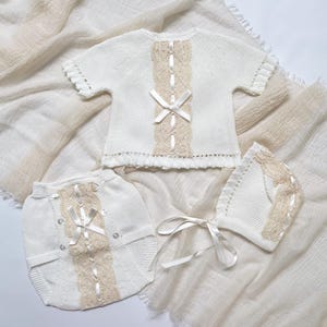 Newborn Baby Knitted Clothes, Newborn Coming Home Outfits, Spanish Baby Knit Set, Christening, Baptism, and Shower Gift. (Beige) 2125
