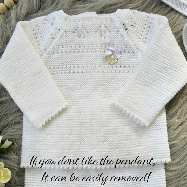 Knitted Clothes for Newborns, Boys/Girls Spanish Set, Knit Baby Outfit for Coming Home, Christening, Baptism, and Shower Gift. White 7205 image 3