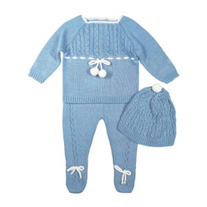 Roupas de tricô para recém-nascidos, roupas para recém-nascidos voltando para casa, conjunto de tricô espanhol para bebês, presente de batizado e chá de bebê. (Azul Oceano) 7221