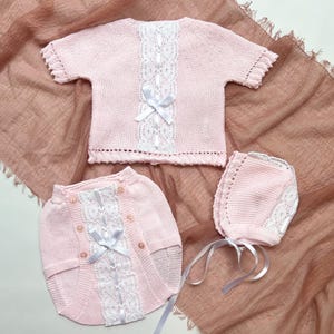 Newborn Baby Knitted Clothes, Newborn Coming Home Outfits, Spanish Baby Knit Set, Christening, Baptism, and Shower Gift. (Pink) 2125