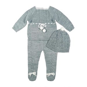 Newborn Baby Knitted Clothes, Newborn Coming Home Outfits, Spanish Baby Knit Set, Christening, Baptism, and Shower Gift. (Gray) 7221