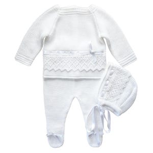 Knitted Clothes for Newborns, Boys/Girls Spanish Set, Knit Baby Outfit for Coming Home, Christening, Baptism, and Shower Gift. (White) 1136