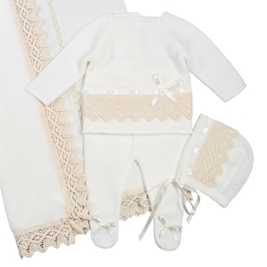 Newborn Baby Knitted Clothes, Coming Home 4 pc Set, Spanish Baby Knit Outfit with Blanket, Christening, Baptism, Shower Gift (Beige)1136 Set
