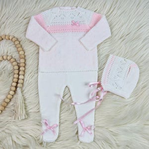 Newborn Baby Knitted Clothes, Newborn Coming Home Outfits, Spanish Baby Knit Set, Christening, Baptism, and Shower Gift. (White/Pink) 7205