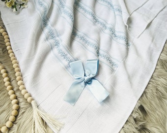 Newborn Baby Knitted Blanket, Boys Spanish Shawl, Baptism, Christening, Shower Gift, Stroller, Coming Home Blanket, (White/Blue) 1071