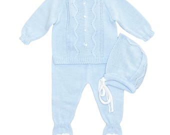 Newborn Baby Knit Outfit Set: Spanish Style, Coming Home, Christening Gift, (8344 - Blue)