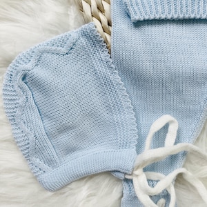 Knitted Clothes for Newborns, Boys Spanish Set, Knit Baby Boy Outfit for Coming Home, Christening, Baptism, and Shower Gift Blue 8344 image 4