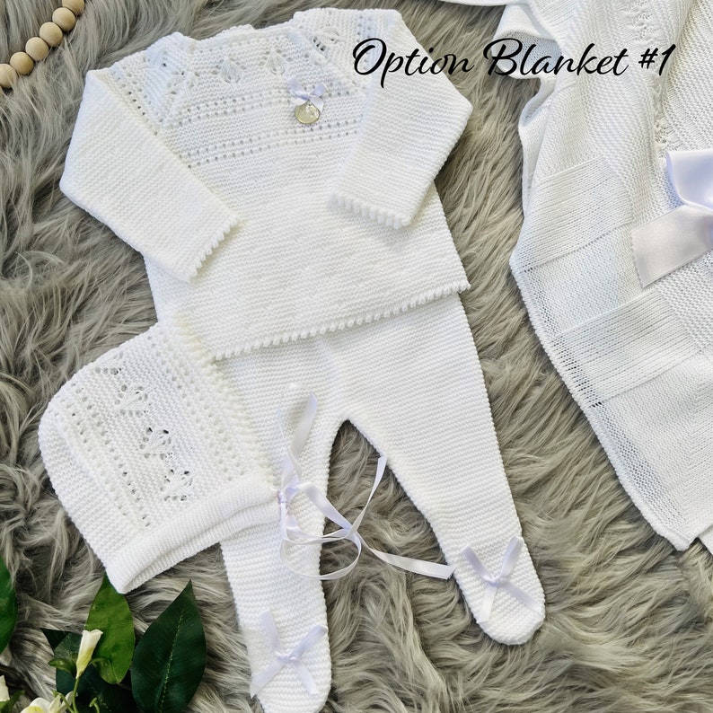 Knitted Clothes for Newborns, Boys/Girls Spanish Set, Knit Baby Outfit for Coming Home, Christening, Baptism, and Shower Gift. White 7205 image 2