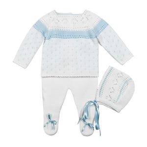 Newborn Baby Knitted Clothes, Newborn Coming Home Outfits, Spanish Baby Knit Set, Christening, Baptism, and Shower Gift. (White/Blue) 7205