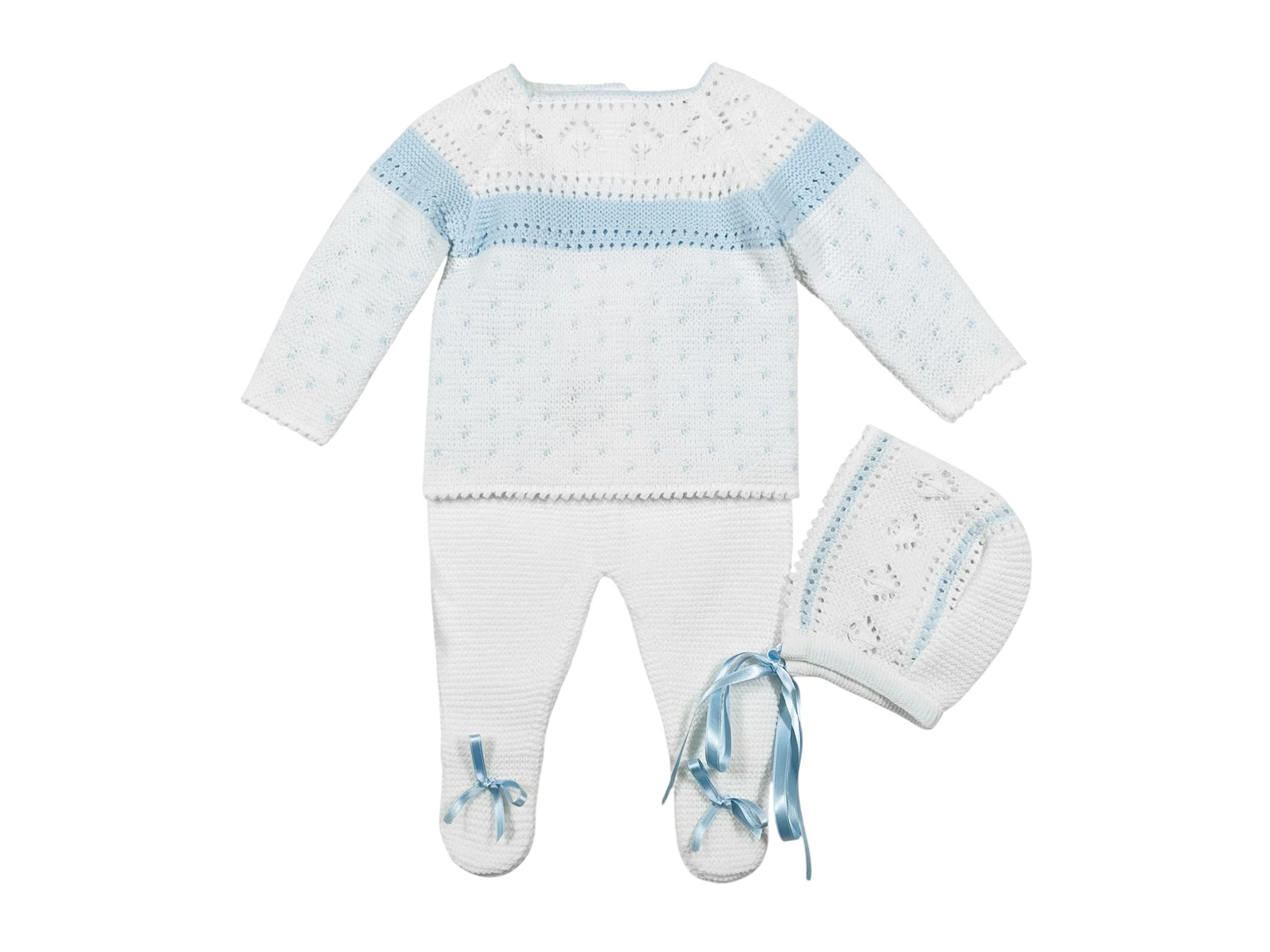 Newborn Baby Knitted Clothes, Newborn Coming Home Outfits, Spanish Baby Knit Set, Christening, Baptism, and Shower Gift. (White/Blue) 7205