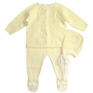 Gebreide babykleding, coming-home-outfit pasgeboren baby, Spaanse gebreide babyset, cadeau voor doop, doop en douche. (Geel) 8344