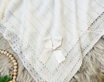 Newborn Baby Knitted Blanket, Unisex Spanish Shawl, Baptism, Christening, Baby Shower Gift, Stroller, Coming Home Blanket, (Off-white) 8348