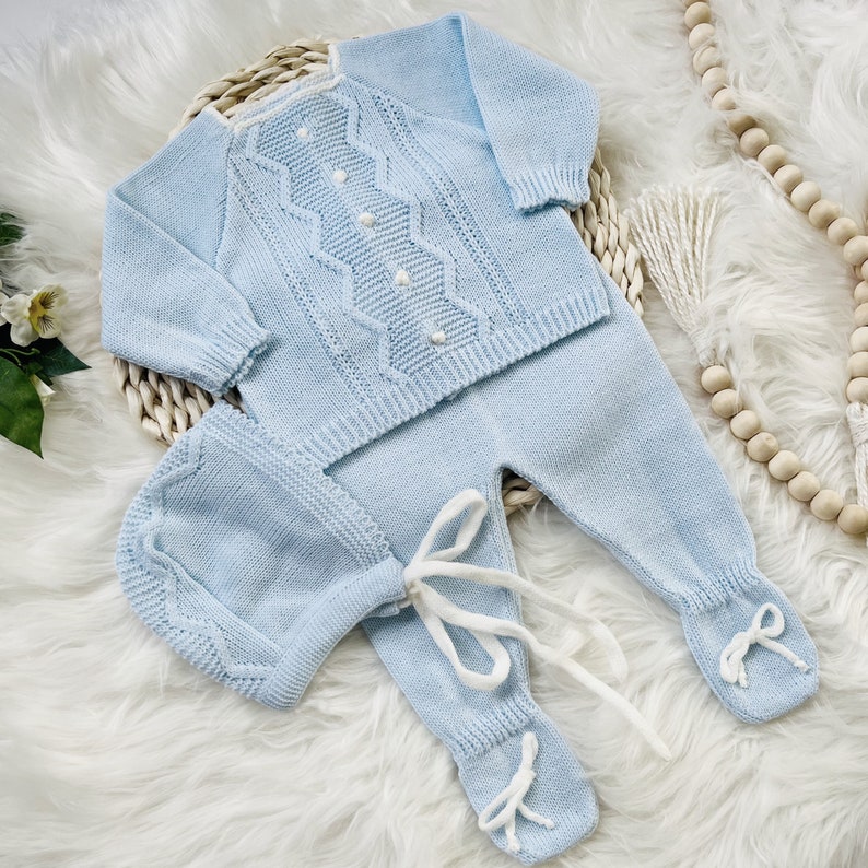 Knitted Clothes for Newborns, Boys Spanish Set, Knit Baby Boy Outfit for Coming Home, Christening, Baptism, and Shower Gift Blue 8344 image 3