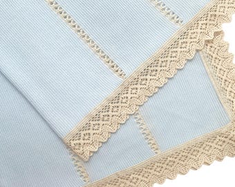 Newborn Baby Knitted Blanket, Boys Spanish Shawl, Baptism, Christening, Shower Gift, Stroller, Baby Coming Home Blanket, (Blue/Beige) 4049