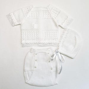Newborn Baby Knitted Clothes, Newborn Coming Home Outfits, Spanish Baby Knit Set, Christening, Baptism, and Shower Gift. (White) 2127