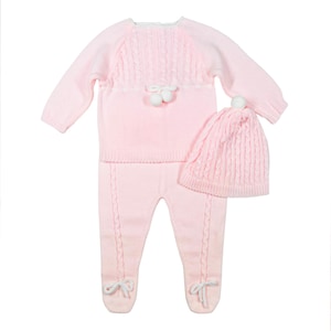 Newborn Baby Knitted Clothes, Newborn Coming Home Outfits, Spanish Baby Knit Set, Christening, Baptism, and Shower Gift. (Pink) 7221