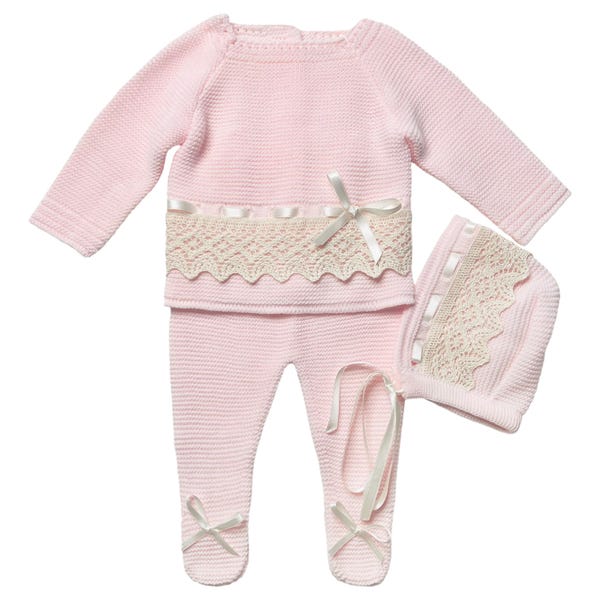 Baby Spanish Style Outfit, Newborn Knitted Pink Clothes, Three Piece Set with Lace and Bonnet, (1136 Pink)