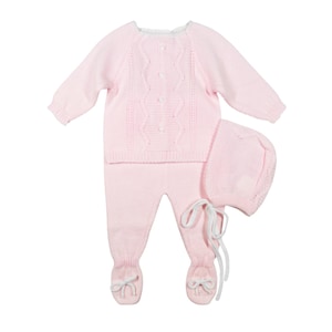 Newborn Baby Knitted Clothes, Newborn Coming Home Outfits, Spanish Baby Knit Set, Christening, Baptism, and Shower Gift. (Pink) 8344