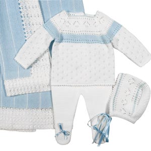 Newborn Baby Knitted Clothes, Coming Home 4 pc Set, Spanish Baby Knit Outfit with Blanket, Christening, Baptism, Shower Gift (White/Blu)7205