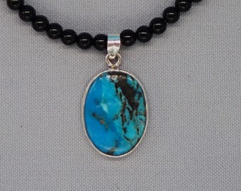 Morenci Mine Turquoise 925 Sterling Silver Pendant Onyx Gemstones Necklace