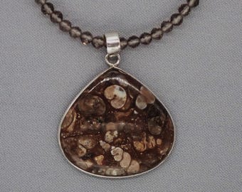 Turritella Fossils 925 Sterling Silver Pendant Obsidian Gemstones Necklace