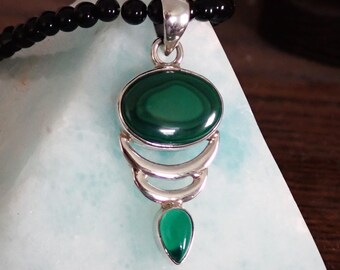 BullsEye Malachite 925 Sterling Silver Pendant Onyx Gemstones Necklace