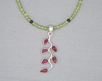 Pink Tourmaline 925 Sterling Silver Leaf Pendant Peridot Gemstones Necklace