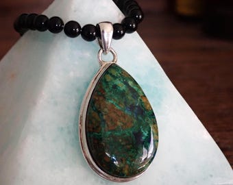CyberWeb Chrysocolla 925 Sterling Silver Pendant Onyx Gemstones Necklace