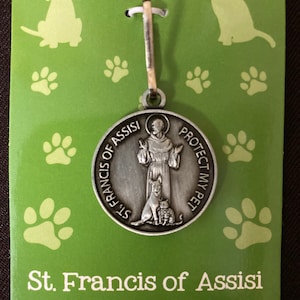 May include: A silver-colored St. Francis of Assisi pet medal with a dog and cat, hanging on a green card with paw prints and silhouettes of a dog and cat. The text on the card reads "St. Francis of Assisi Pet Medal."