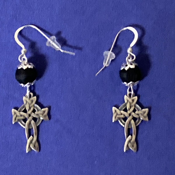 Sterling Silver Celtic Cross Bog Oak Earrings