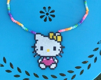 Kawaii Kitty Kandi Necklace, Perler Bead, Pastel Pony Beads