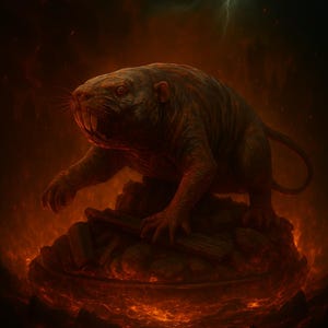 May include: A digital illustration of a large, menacing rodent-like creature with prominent teeth, set against a fiery, hellish backdrop. The creature is brown with a long tail, perched atop a stone structure. Lightning flashes in the dark sky.