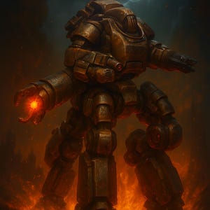 Pode incluir: Ilustração detalhada de um robô mecânico de cor bronze em pé em uma paisagem de fogo. O robô tem um design volumoso com juntas e armas visíveis. Uma luz laranja brilhante emana de seu braço esquerdo, e um céu tempestuoso com raios preenche o fundo.