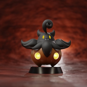 May include: A black and brown Halloween-themed figurine with a pumpkin-like body and a black, tentacle-like head with glowing yellow eyes. The figurine is standing on a black base.
