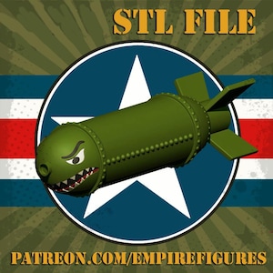 May include: A green cartoon bomb with a menacing face, set against a blue star and stripes background. The text "STL FILE" is at the top, and "PATREON.COM/EMPIREFIGURES" is at the bottom.