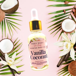 1 oz. Vanilla Coconut Scented Body Oil, Vanilla Coconut Glow Oil, Hand made Body Oil, Sweet Body Oil, birthday gifts, coconut scent, vanilla