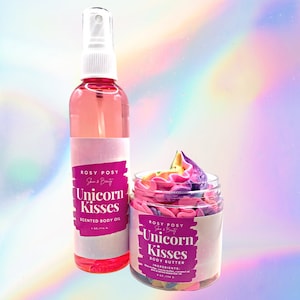 Unicorn Kisses Bundle, 4oz. Whipped Body Butter and 4 oz. Spray Body Oil, sweet candy scent, Unicorns, candy scented, Birthday gifts