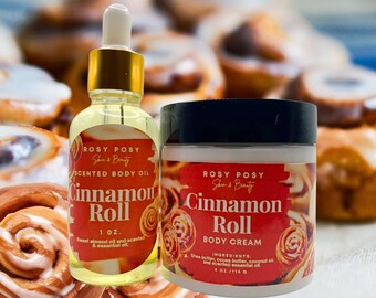 Cinnamon Roll Body Cream Bundle, 4oz. Body Cream and 1 oz. Body Oil, Cinnamon scent, Cinnamon pastry scented, cinnamon bakery, tweens gift