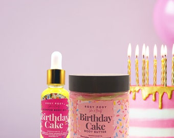 Birthday Cake Body Bundle- 4 oz. Birthday Cake Whipped Body Butter & 1 oz. Birthday Cake Scented Body Oil, Cake batter, Birthday Cake, gifts