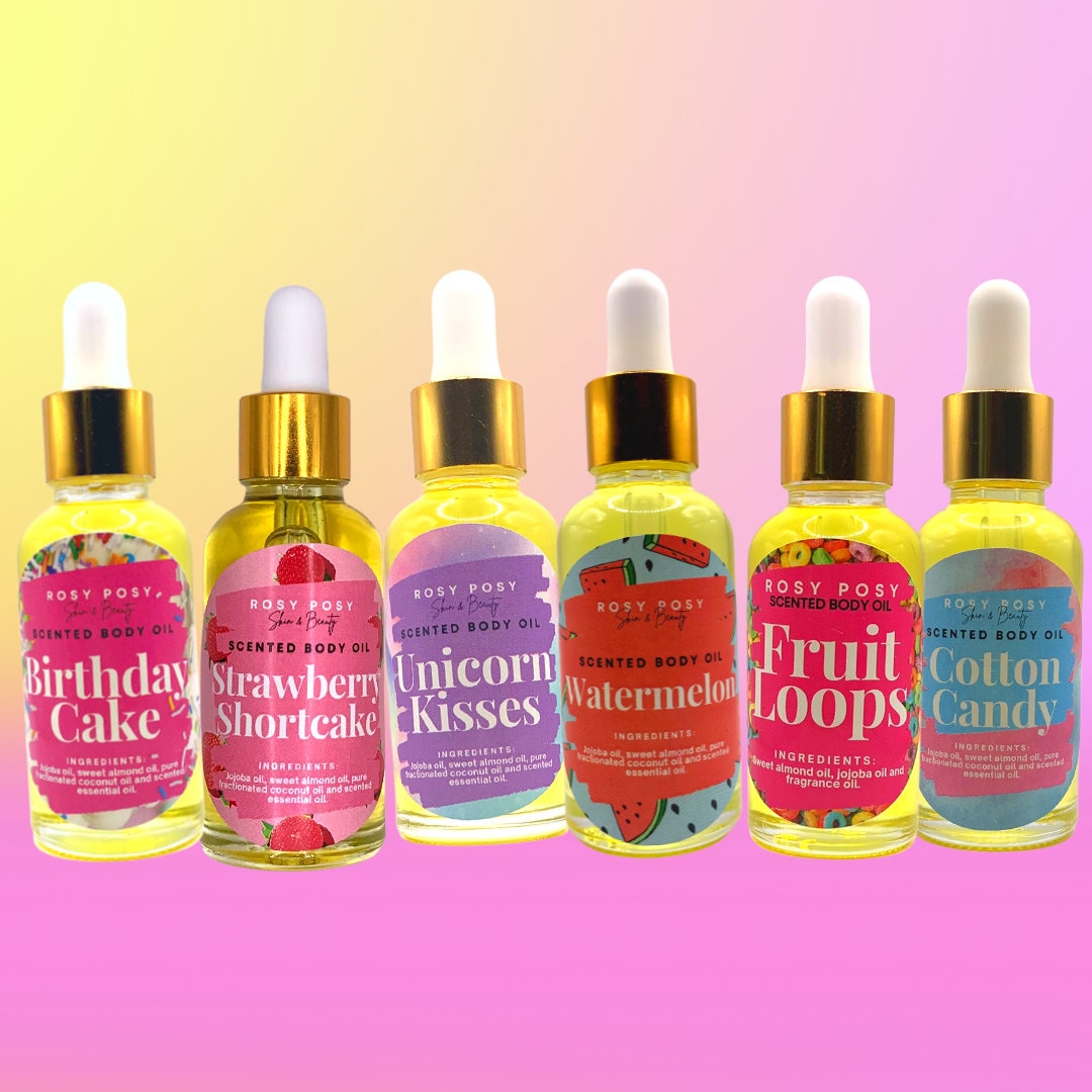 Set of 5 Scented Body Oils, Fruit Loops, Unicorn, Strawberry